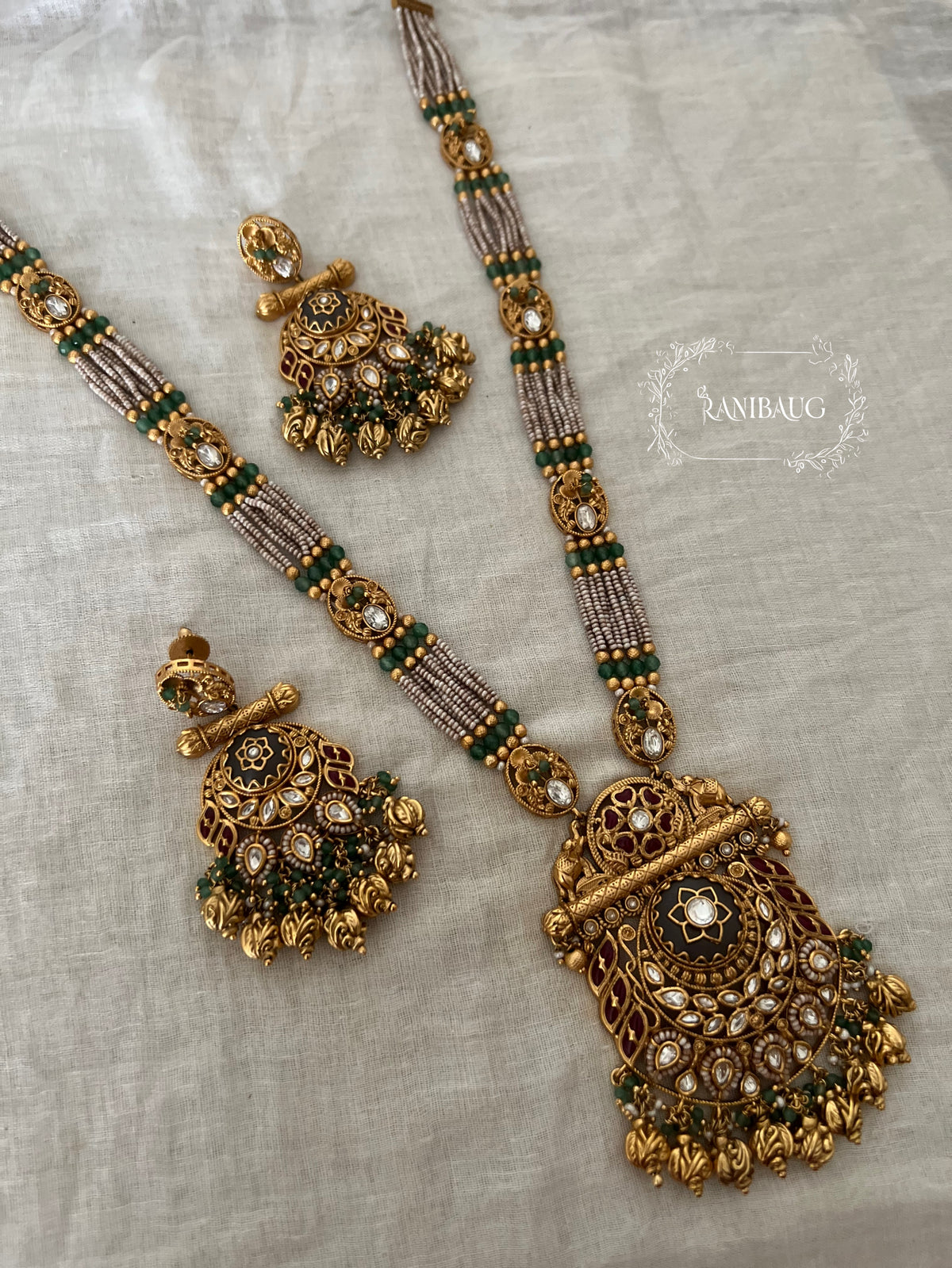 Minakshi Antique Gold Finish Temple Jewelry Necklace Set By Ranibaug