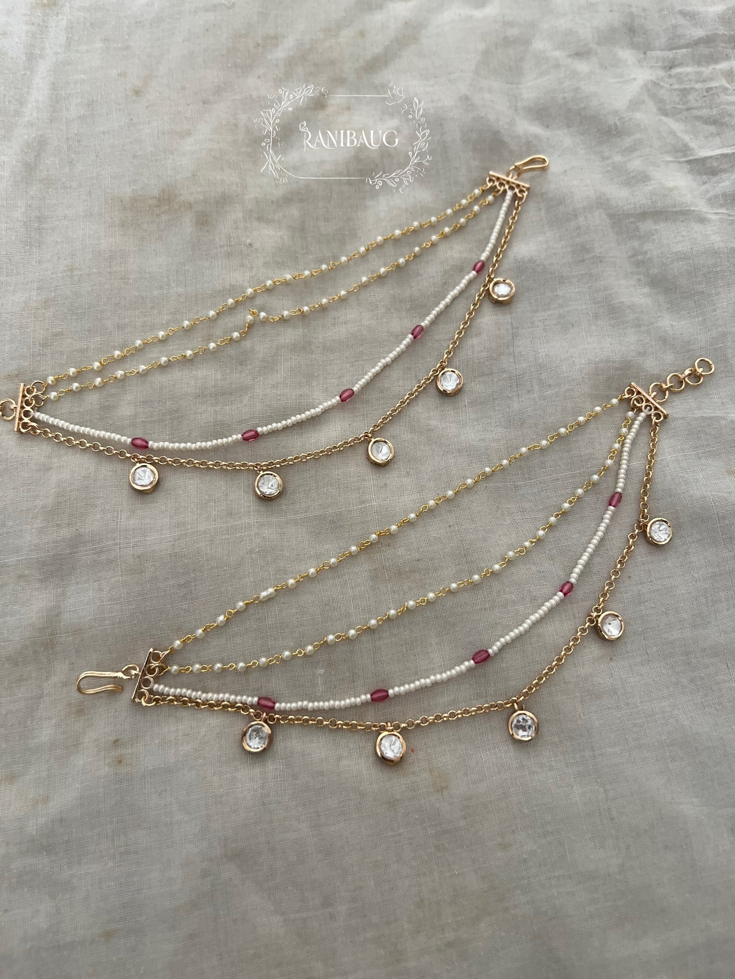 Minali Layered Minimal Mossainite Polki Drops Pearl Bead Chain In Premium Gold Tone Hair Chain By Ranibaug
