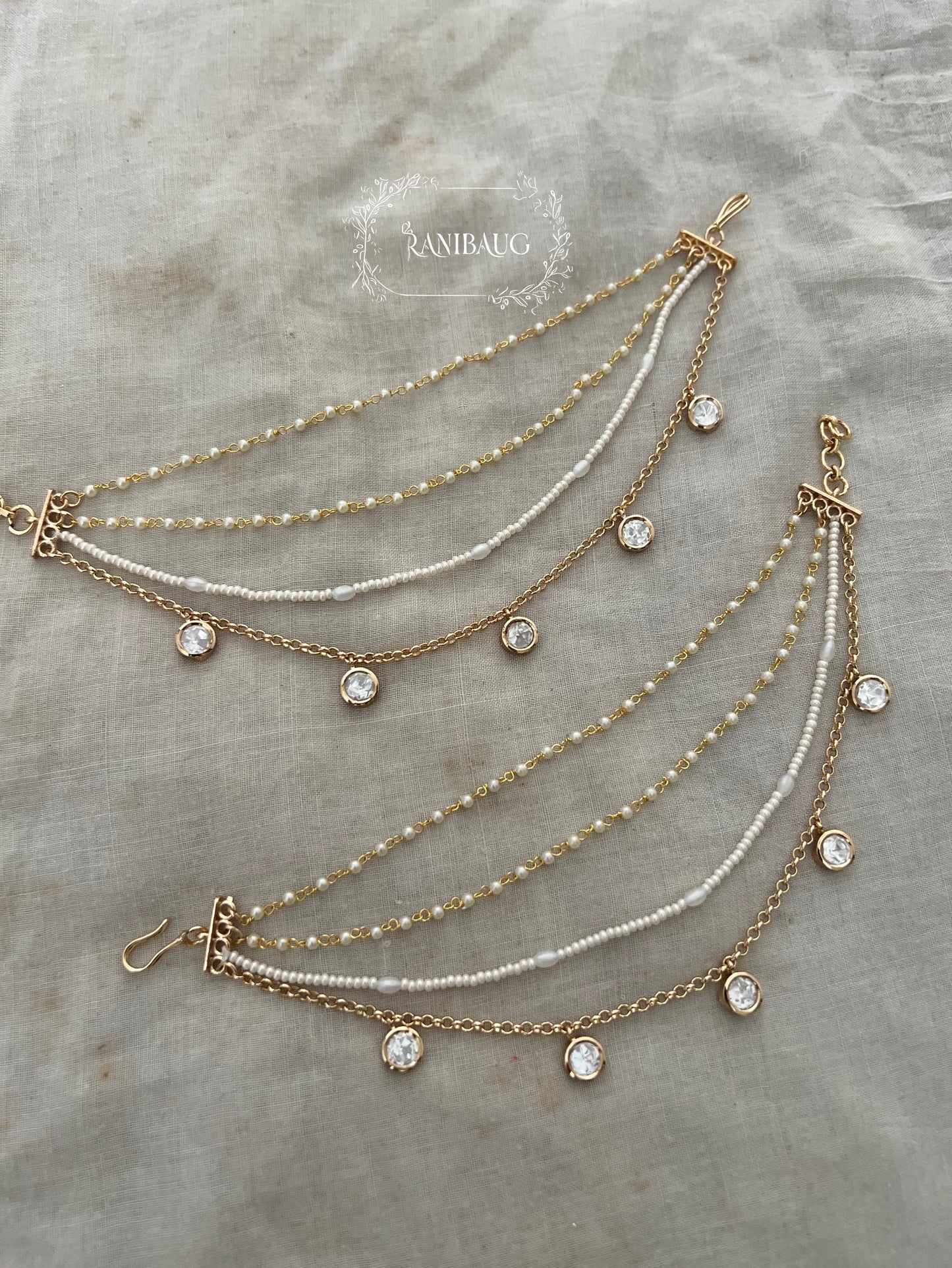Minali Layered Minimal Mossainite Polki Drops Pearl Bead Chain In Premium Gold Tone Hair Chain By Ranibaug