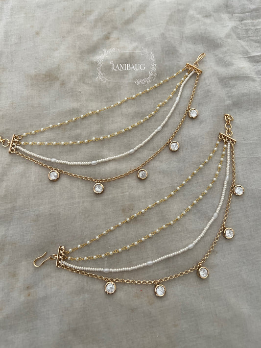 Minali Layered Minimal Mossainite Polki Drops Pearl Bead Chain In Premium Gold Tone Hair Chain By Ranibaug