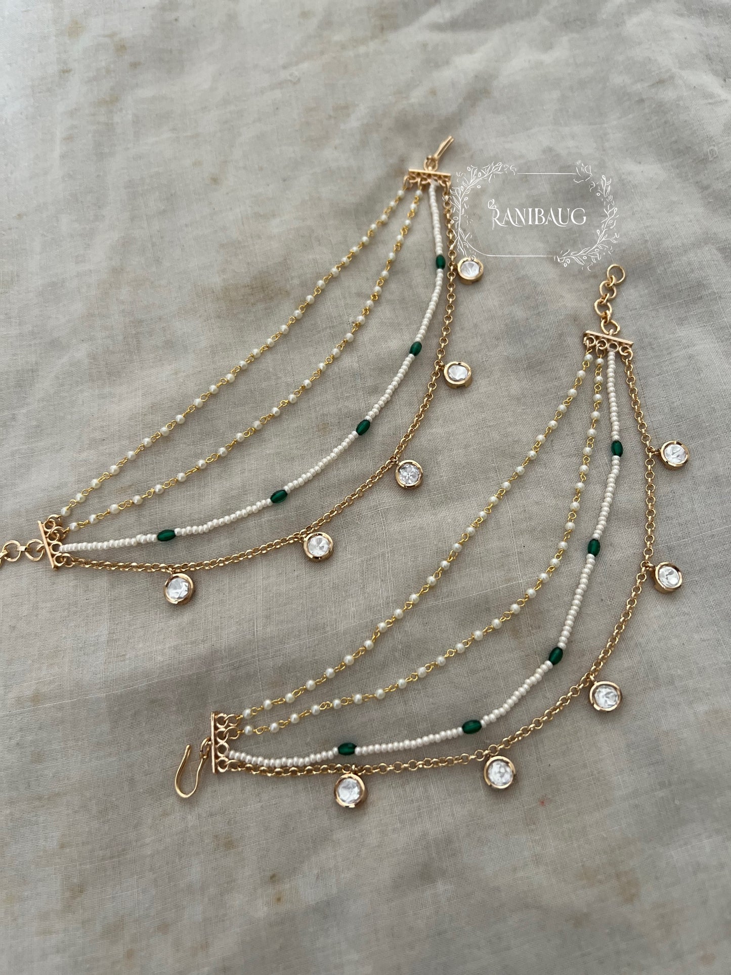 Minali Layered Minimal Mossainite Polki Drops Pearl Bead Chain In Premium Gold Tone Hair Chain By Ranibaug