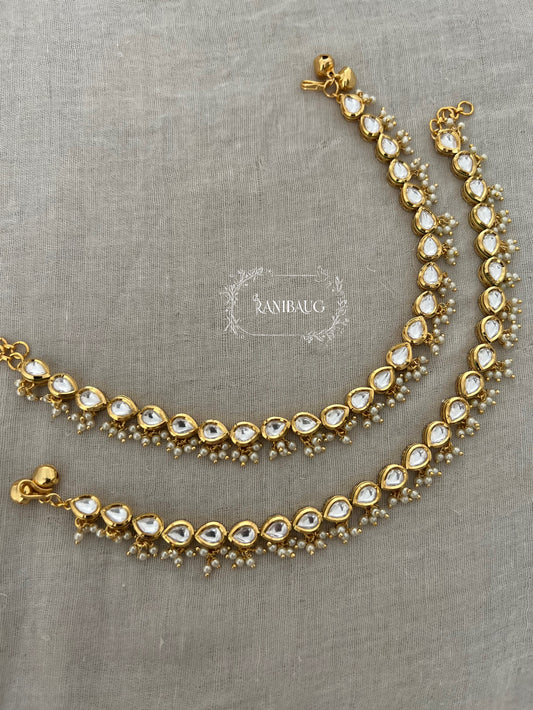 Mira Teardrop Kundan Motif Gold Plated Chain Style Payal With Mini Pearl Fringe Anklet Jewellery By Ranibaug