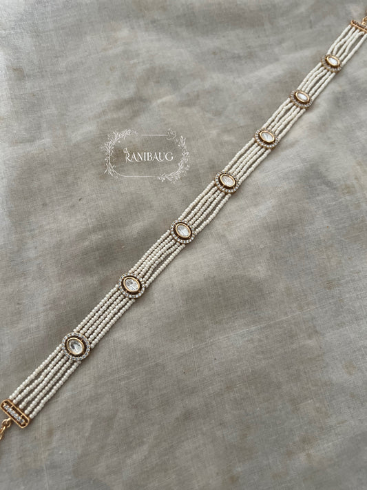 Mirabai Oval Polki Kundan Motif Sheeshpatti With Multi-Strand Pearl Detailing For Subtle Look By Ranibaug