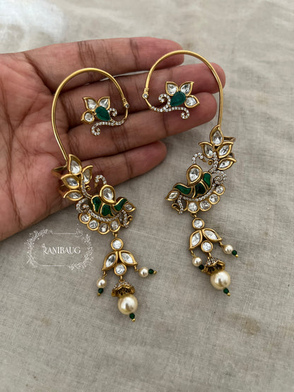 Miraha Floral Indian Peacock Motif Gold Finish Designer Cuff Earrings By Ranibaug