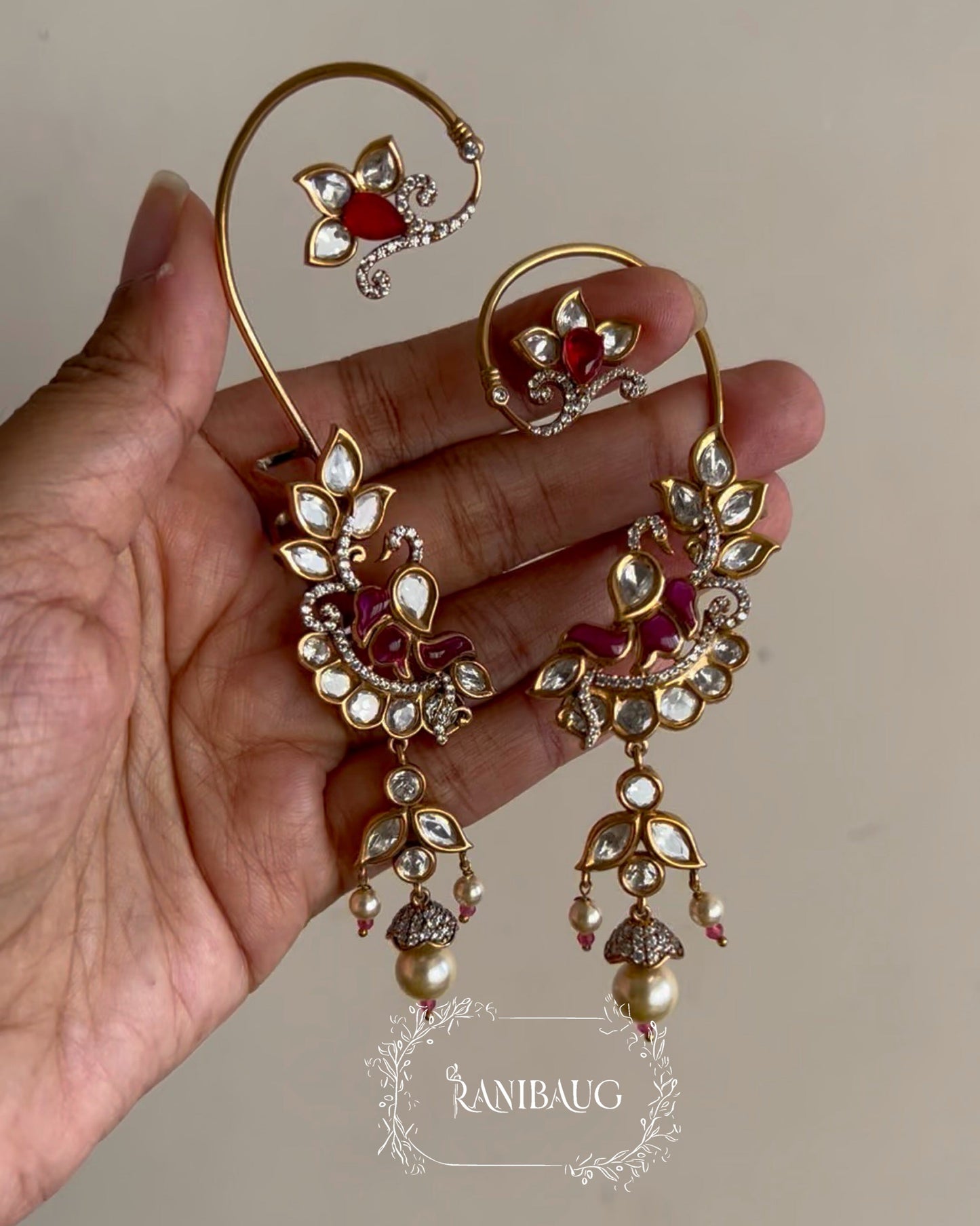 Miraha Floral Indian Peacock Motif Gold Finish Designer Cuff Earrings By Ranibaug