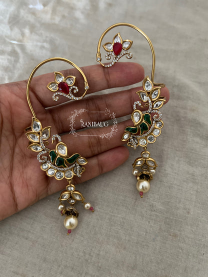 Miraha Floral Indian Peacock Motif Gold Finish Designer Cuff Earrings By Ranibaug