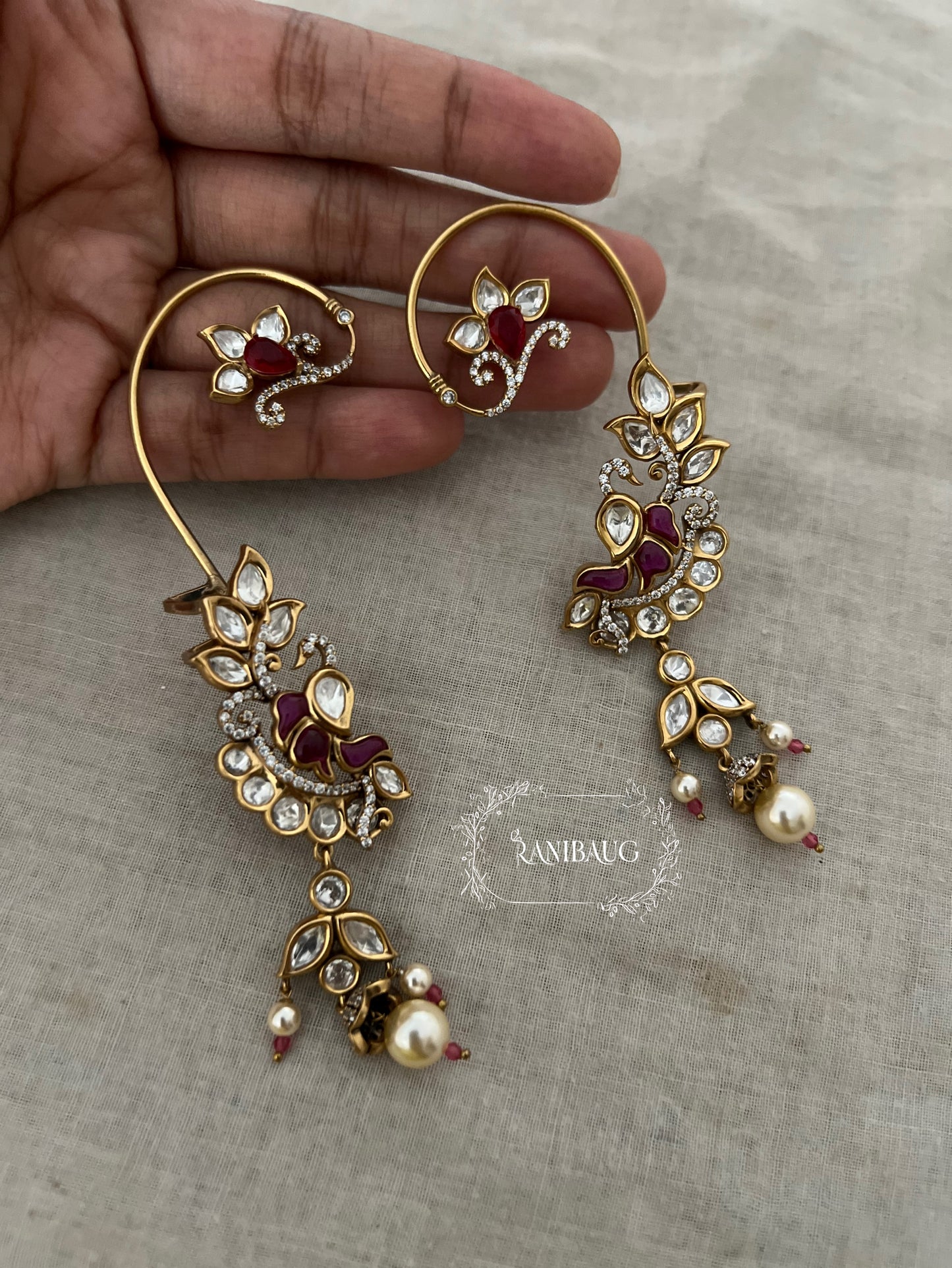 Miraha Floral Indian Peacock Motif Gold Finish Designer Cuff Earrings By Ranibaug
