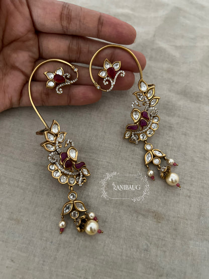 Miraha Floral Indian Peacock Motif Gold Finish Designer Cuff Earrings By Ranibaug