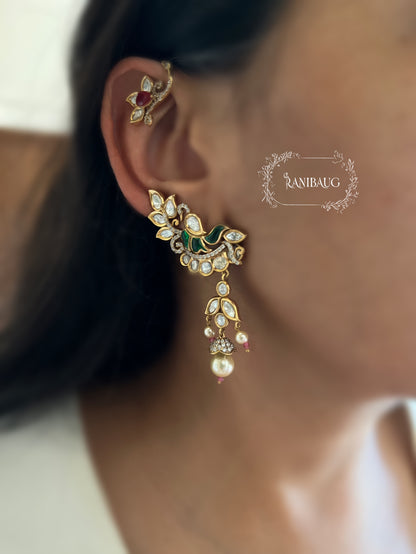 Miraha Floral Indian Peacock Motif Gold Finish Designer Cuff Earrings By Ranibaug