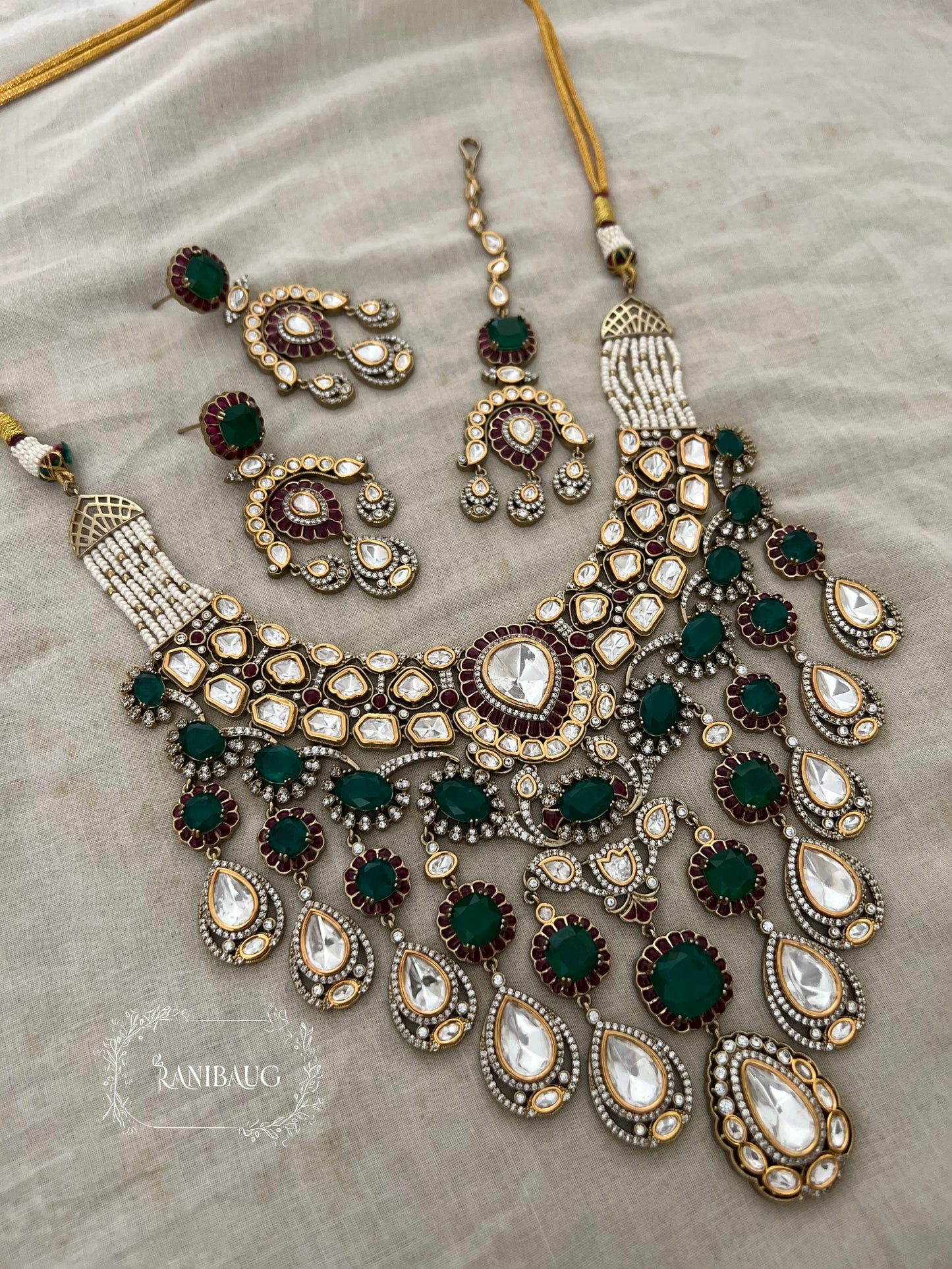Miraka Teardrop Fall Victorian Finish Polki And Gemstone Studded Necklace Jewellery Set By Ranibaug
