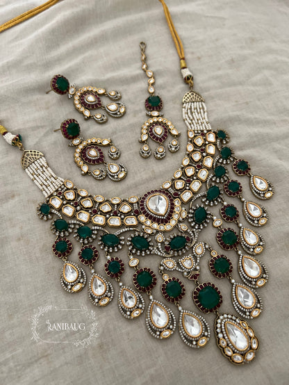 Miraka Teardrop Fall Victorian Finish Polki And Gemstone Studded Necklace Jewellery Set By Ranibaug