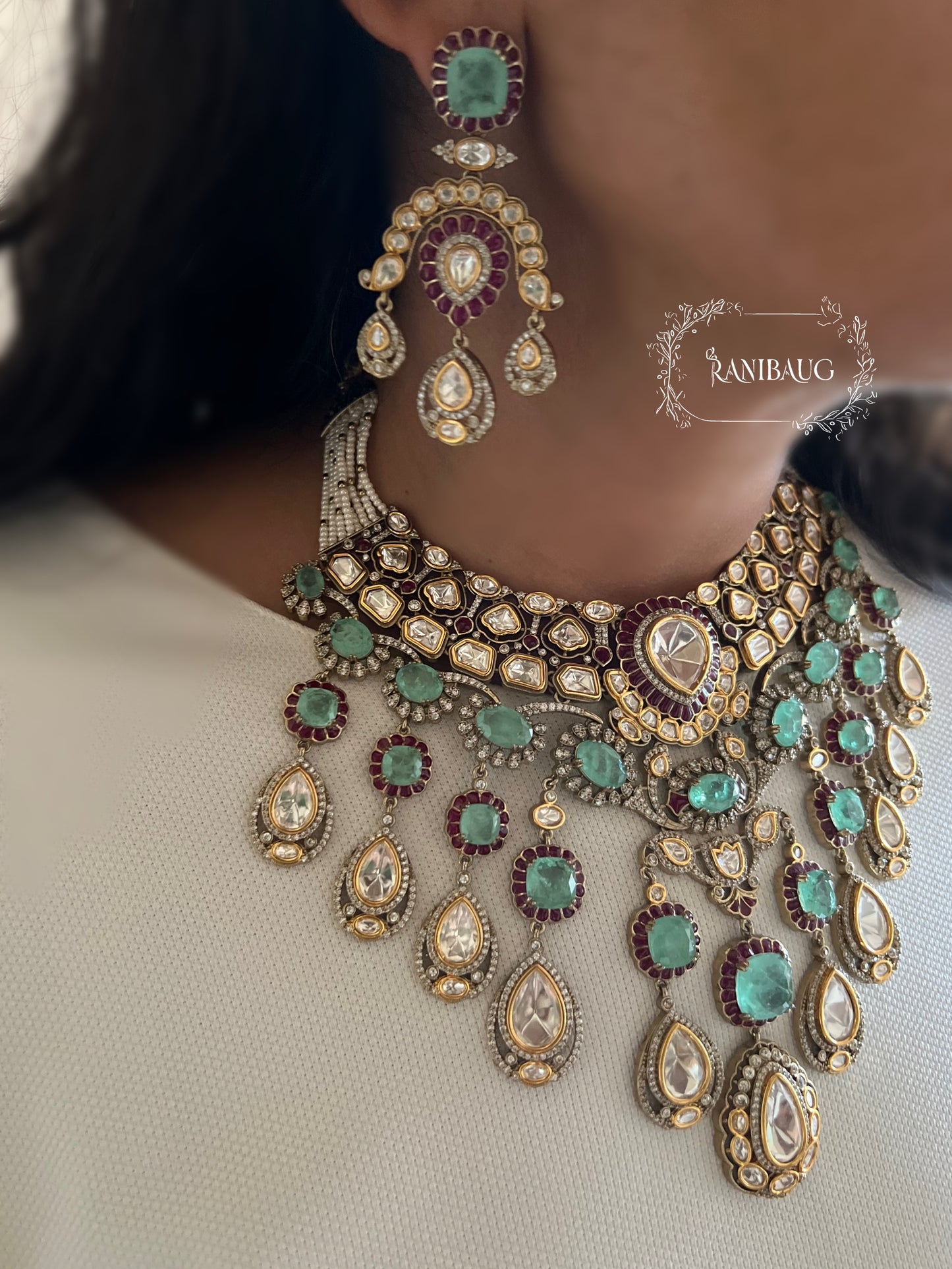 Miraka Teardrop Fall Victorian Finish Polki And Gemstone Studded Necklace Jewellery Set By Ranibaug