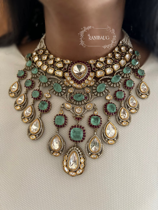 Miraka Teardrop Fall Victorian Finish Polki And Gemstone Studded Necklace Jewellery Set By Ranibaug