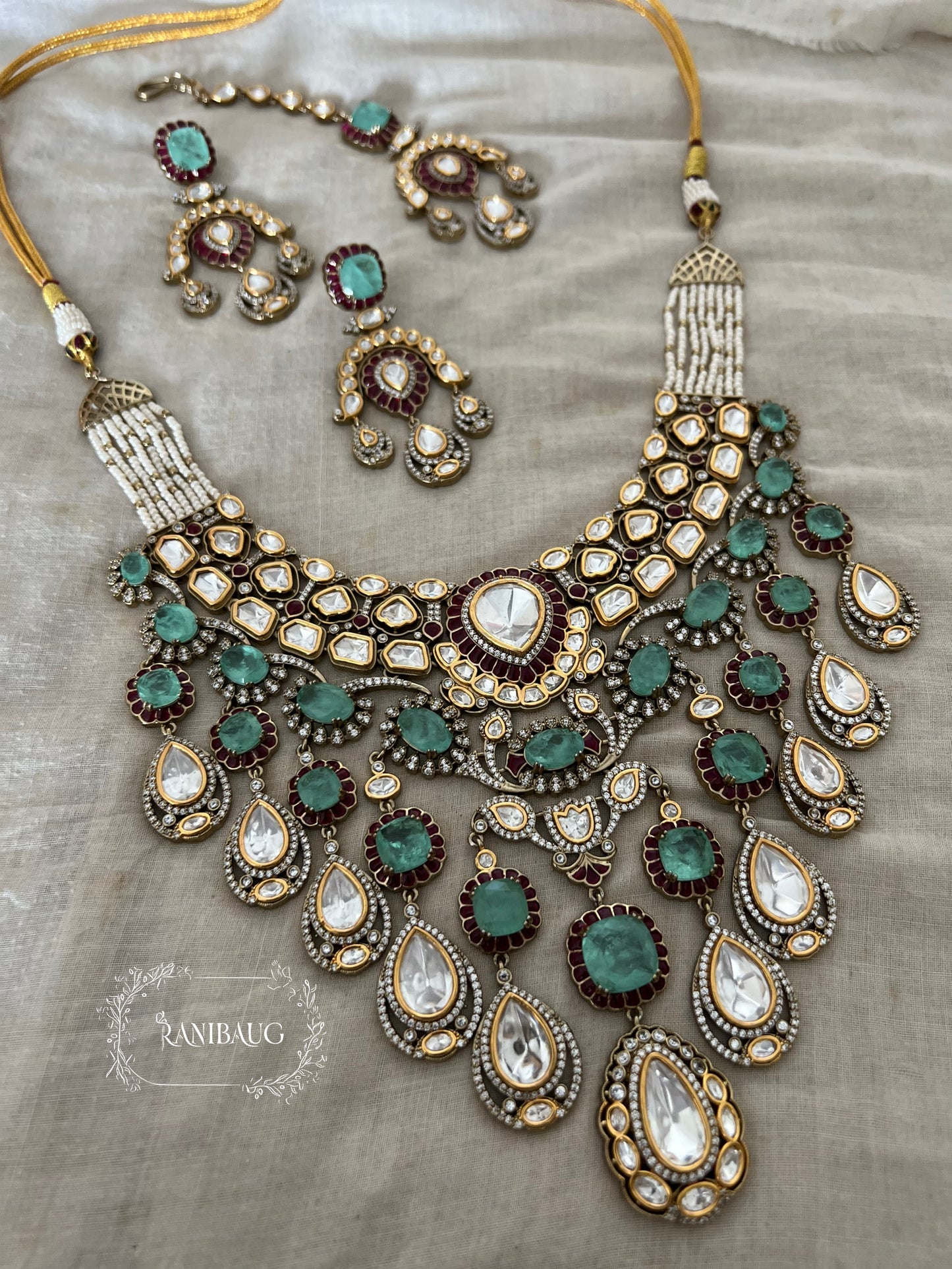 Miraka Teardrop Fall Victorian Finish Polki And Gemstone Studded Necklace Jewellery Set By Ranibaug