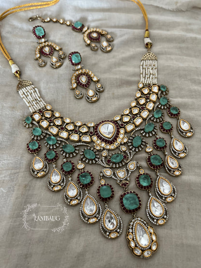 Miraka Teardrop Fall Victorian Finish Polki And Gemstone Studded Necklace Jewellery Set By Ranibaug