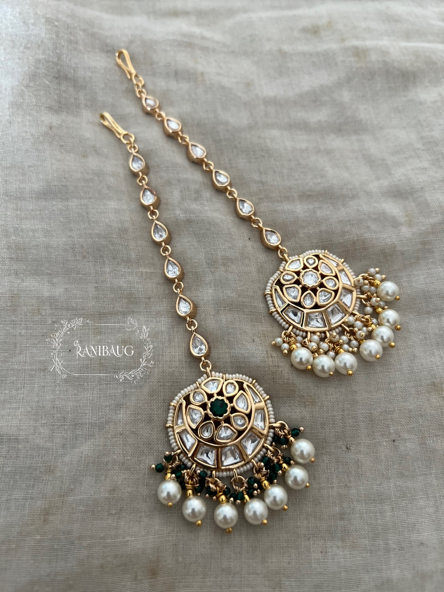 Mirana Polki Kundan Studded Gold Finish Pearl Adorned Maang Tikka By Ranibaug