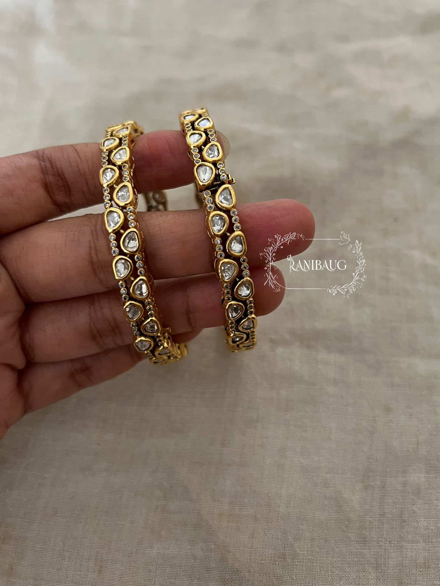 Miranshi Mossainite Polki Studded Victorian Finish Gold Plated Royal Statement Bangle Jewelry By Ranibaug