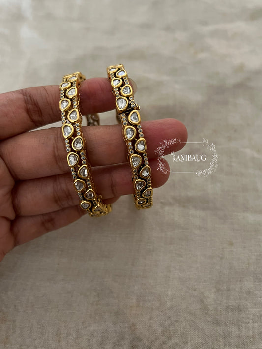 Miranshi Mossainite Polki Studded Victorian Finish Gold Plated Royal Statement Bangle Jewelry By Ranibaug