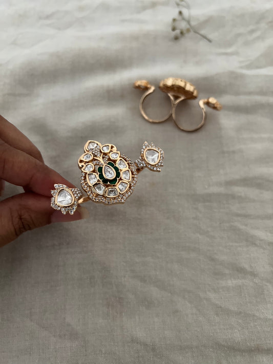 Miraya 2 Finger Ring Featuring Lotus Motif With Polki And Mossainite Stone In Rich Gold Tone By Ranibaug