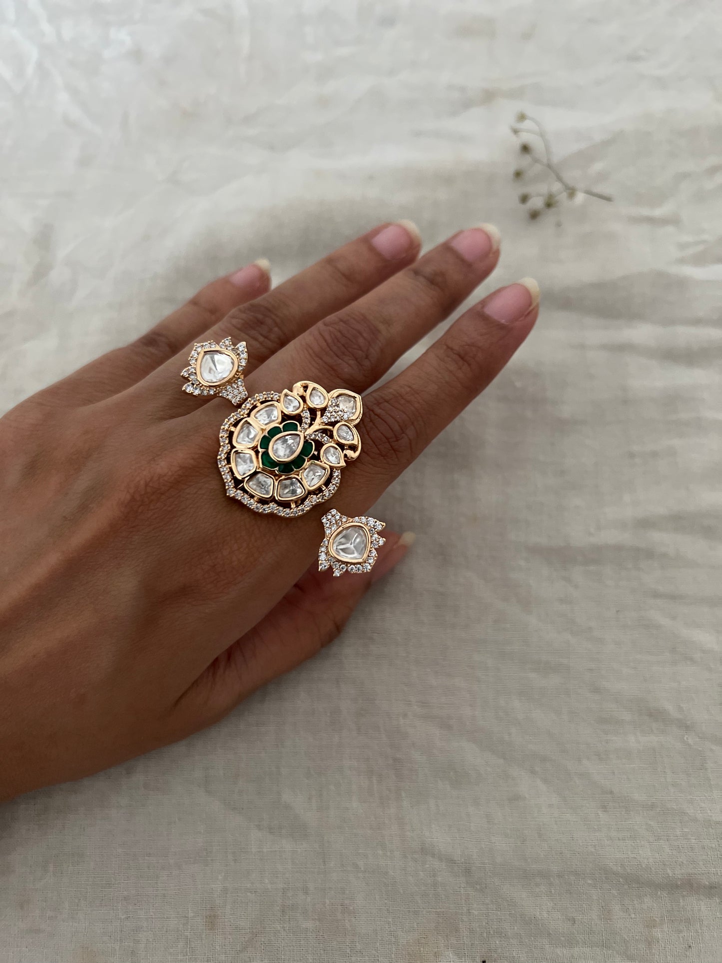 Miraya 2 Finger Ring Featuring Lotus Motif With Polki And Mossainite Stone In Rich Gold Tone By Ranibaug