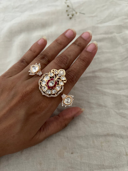 Miraya 2 Finger Ring Featuring Lotus Motif With Polki And Mossainite Stone In Rich Gold Tone By Ranibaug