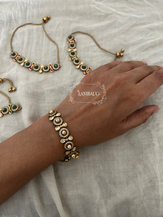Miraya Antique Gold Polki And Zirconia Adorned Sleek Adjustable Bracelet By Ranibaug
