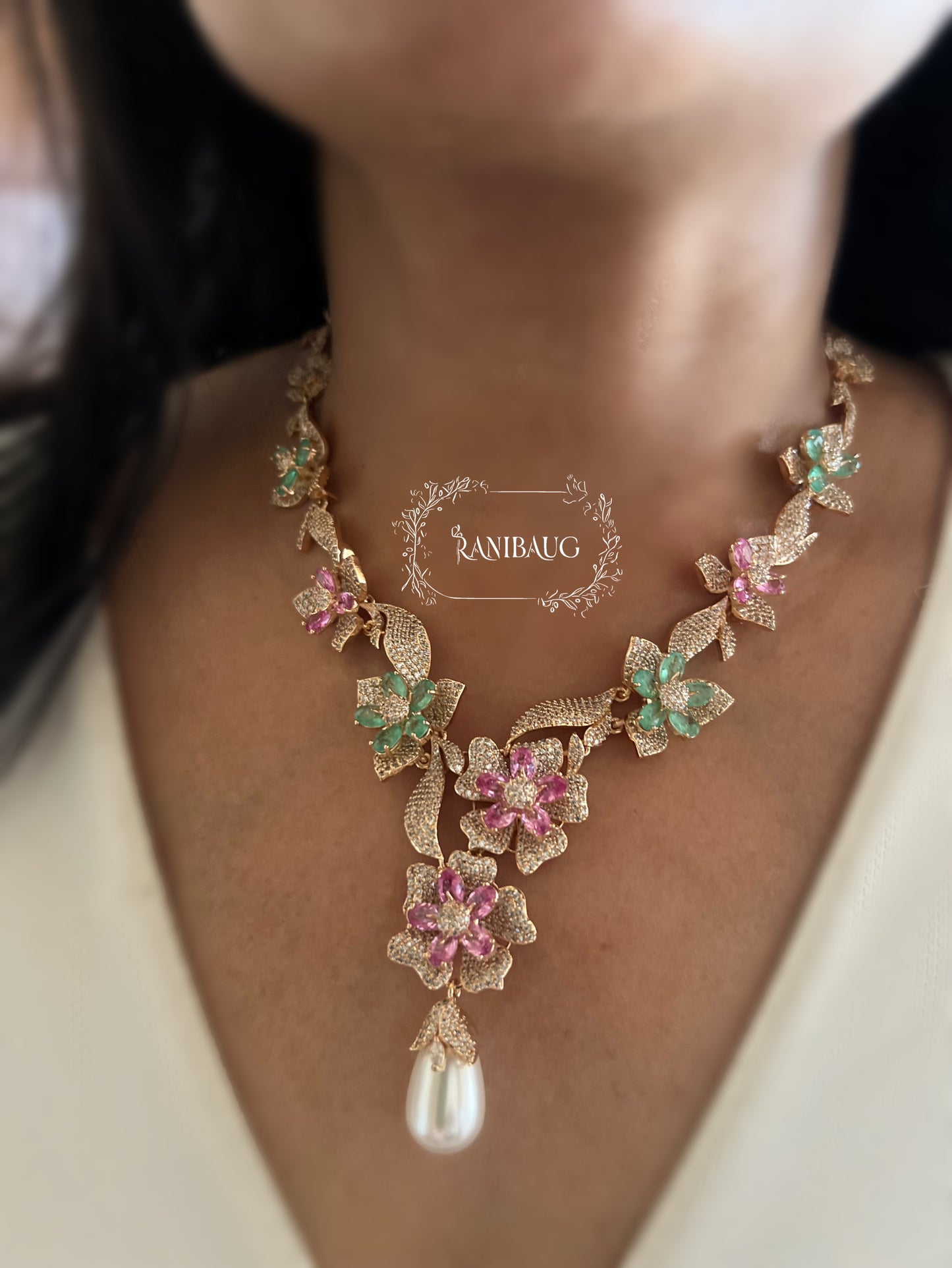Miraya Pastel Floral Bloom Royale Diamond Necklace Set By Ranibaug