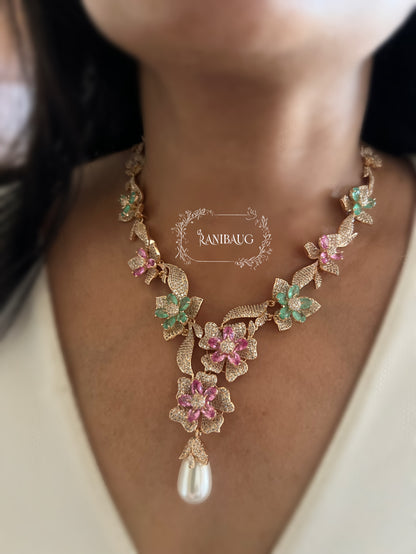 Miraya Pastel Floral Bloom Royale Diamond Necklace Set By Ranibaug