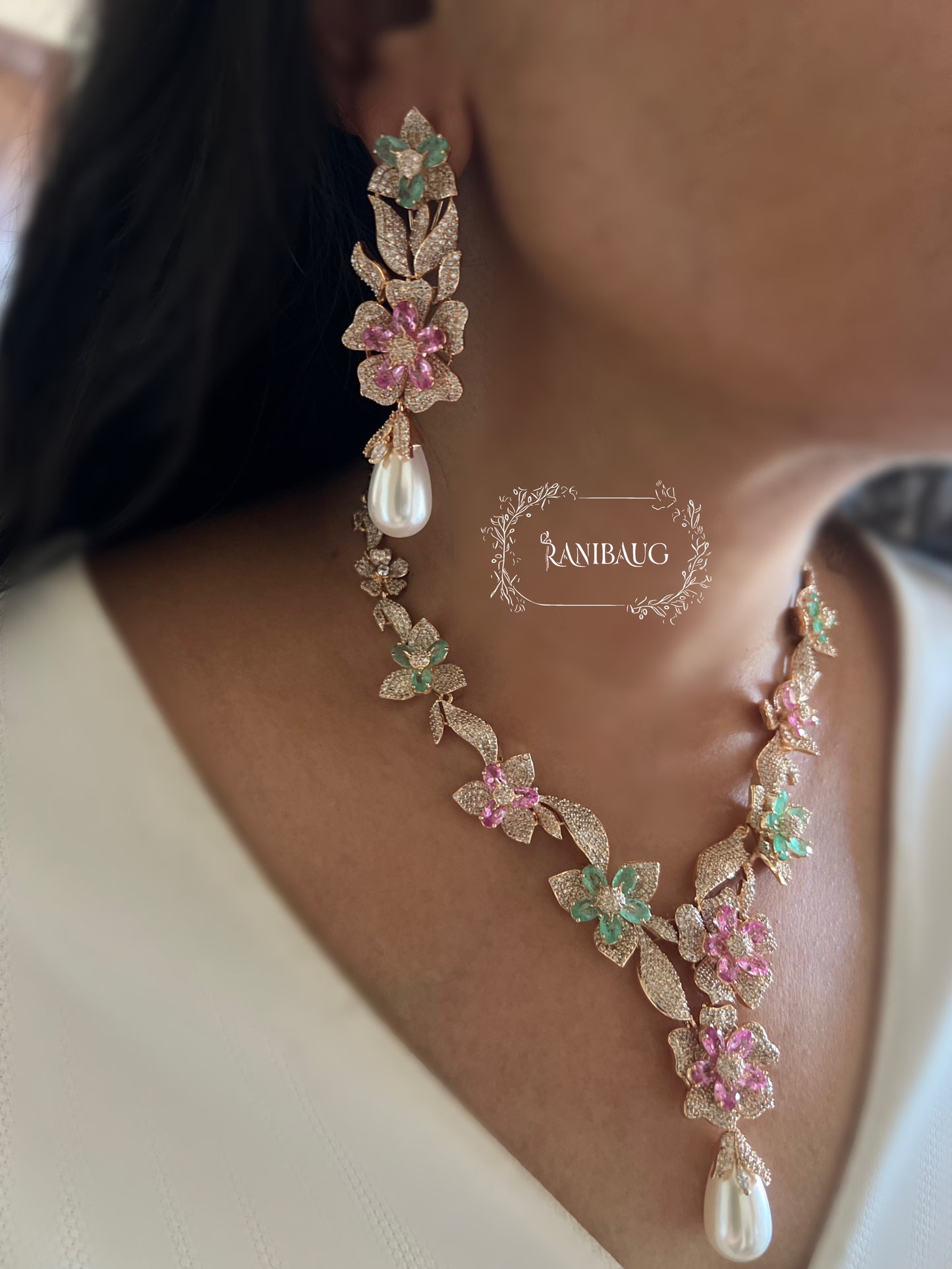 Miraya Pastel Floral Bloom Royale Diamond Necklace Set By Ranibaug