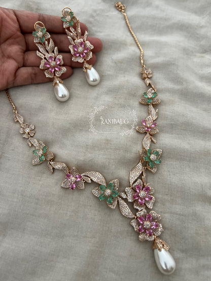 Miraya Pastel Floral Bloom Royale Diamond Necklace Set By Ranibaug