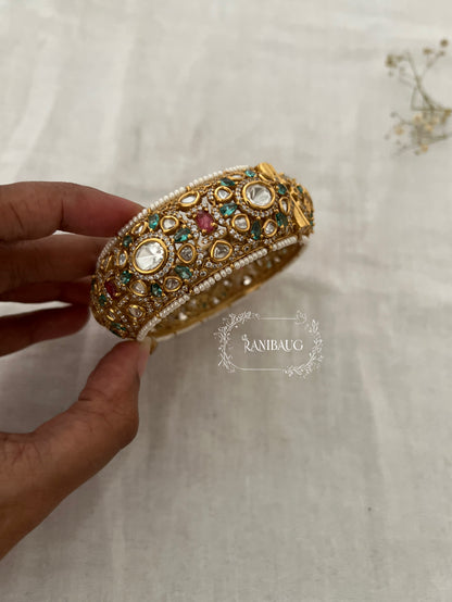 Miraya Royal Mint Pink Seed Pearl Kundan Gold Finish Bangle By Ranibaug