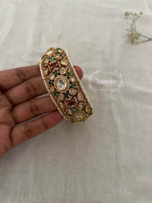 Miraya Royal Mint Pink Seed Pearl Kundan Gold Finish Bangle By Ranibaug