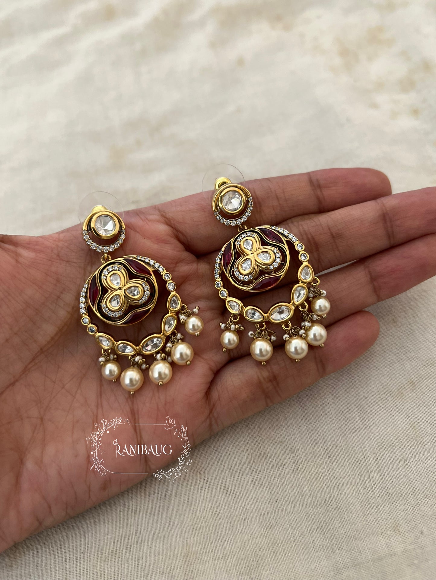 Misha Gold Finish Polki Pearl Dangling Chandbali Earrings By Ranibaug