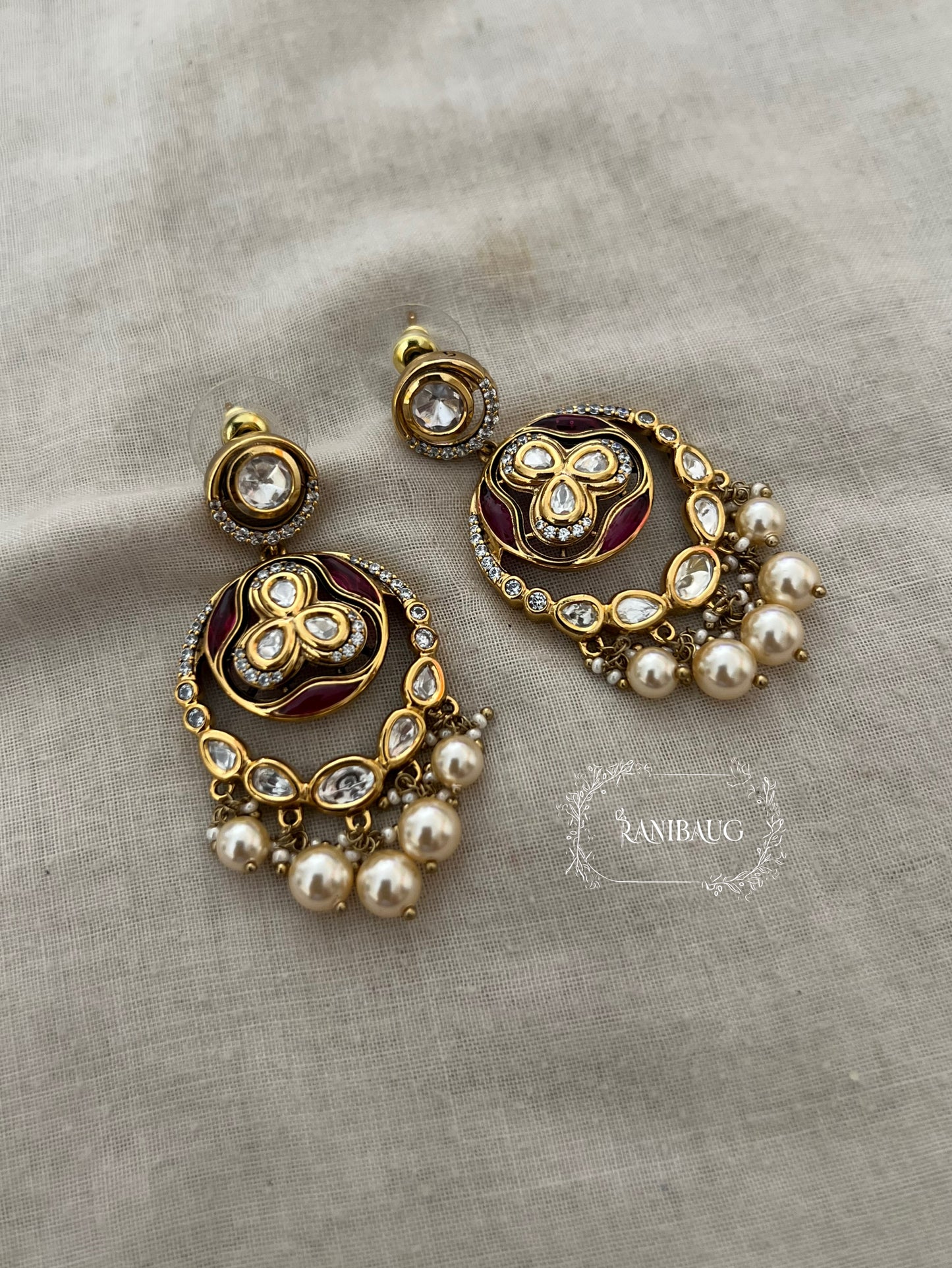 Misha Gold Finish Polki Pearl Dangling Chandbali Earrings By Ranibaug