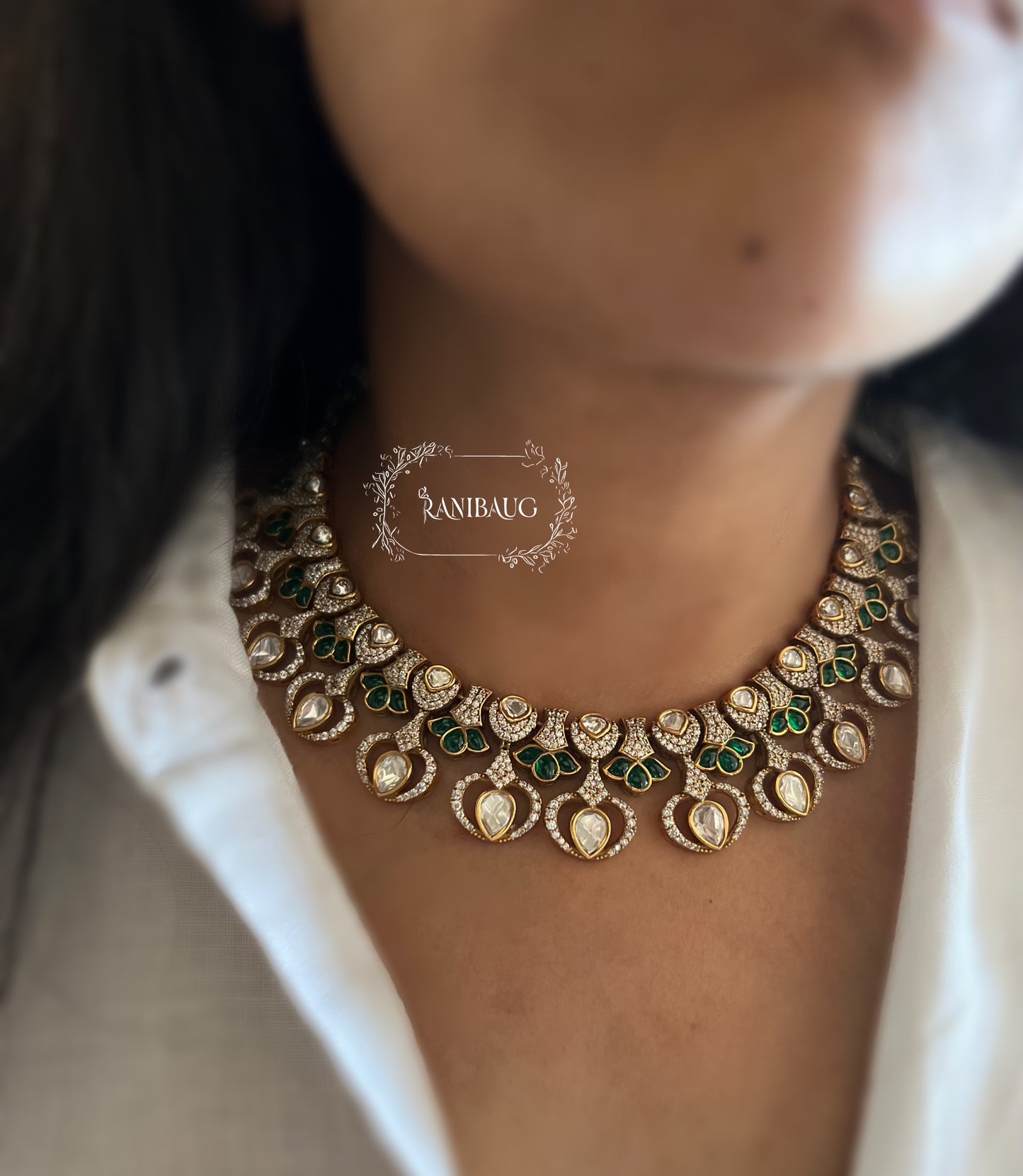Misha Mossainite Vintage Royal Raindrop In Rich Victorian Finish Necklace Set By Ranibaug | Latest Jewellery Set Collection