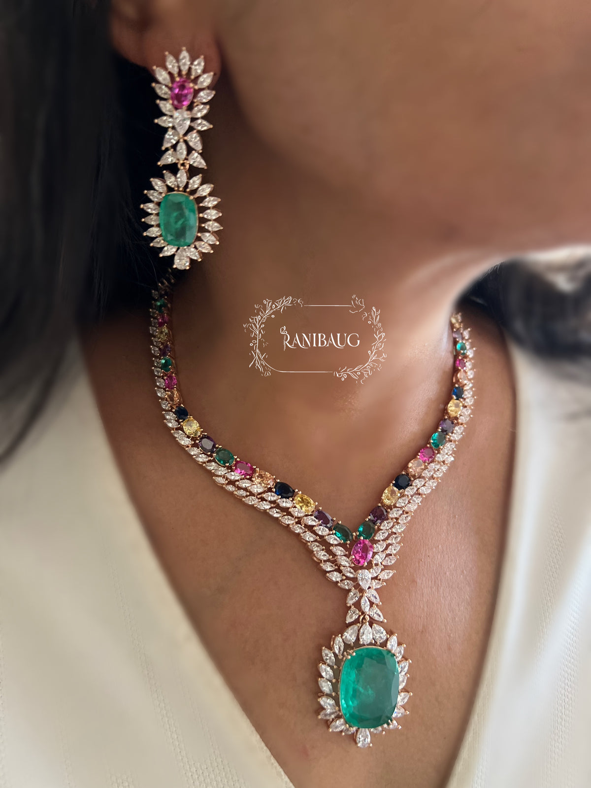 Misha Multicolor Emerald Stone Gold Finish Diamond Jewellery Set By Ranibaug