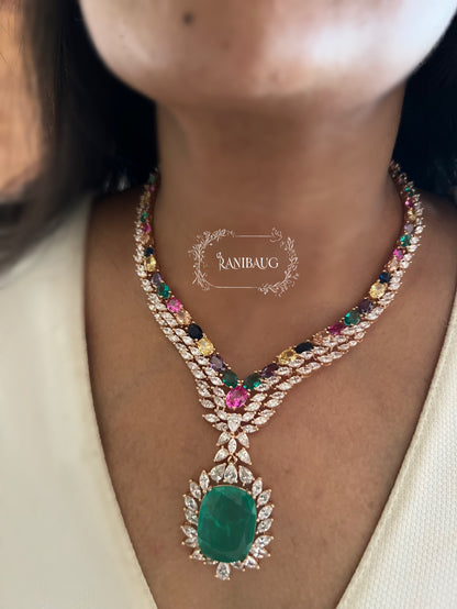 Misha Multicolor Emerald Stone Gold Finish Diamond Jewellery Set By Ranibaug