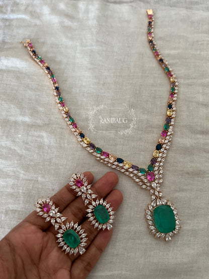 Misha Multicolor Emerald Stone Gold Finish Diamond Jewellery Set By Ranibaug