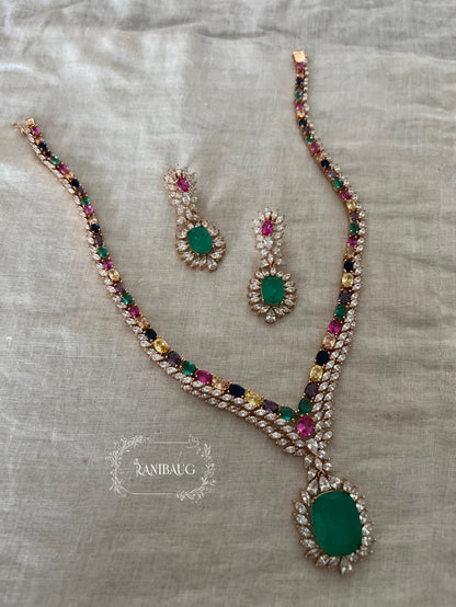 Misha Multicolor Emerald Stone Gold Finish Diamond Jewellery Set By Ranibaug