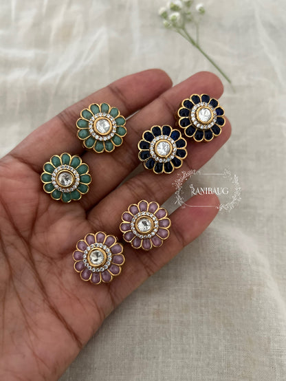 Misha Polki Enamel Flower Ear Studs In Premium Gold Finish By Ranibaug
