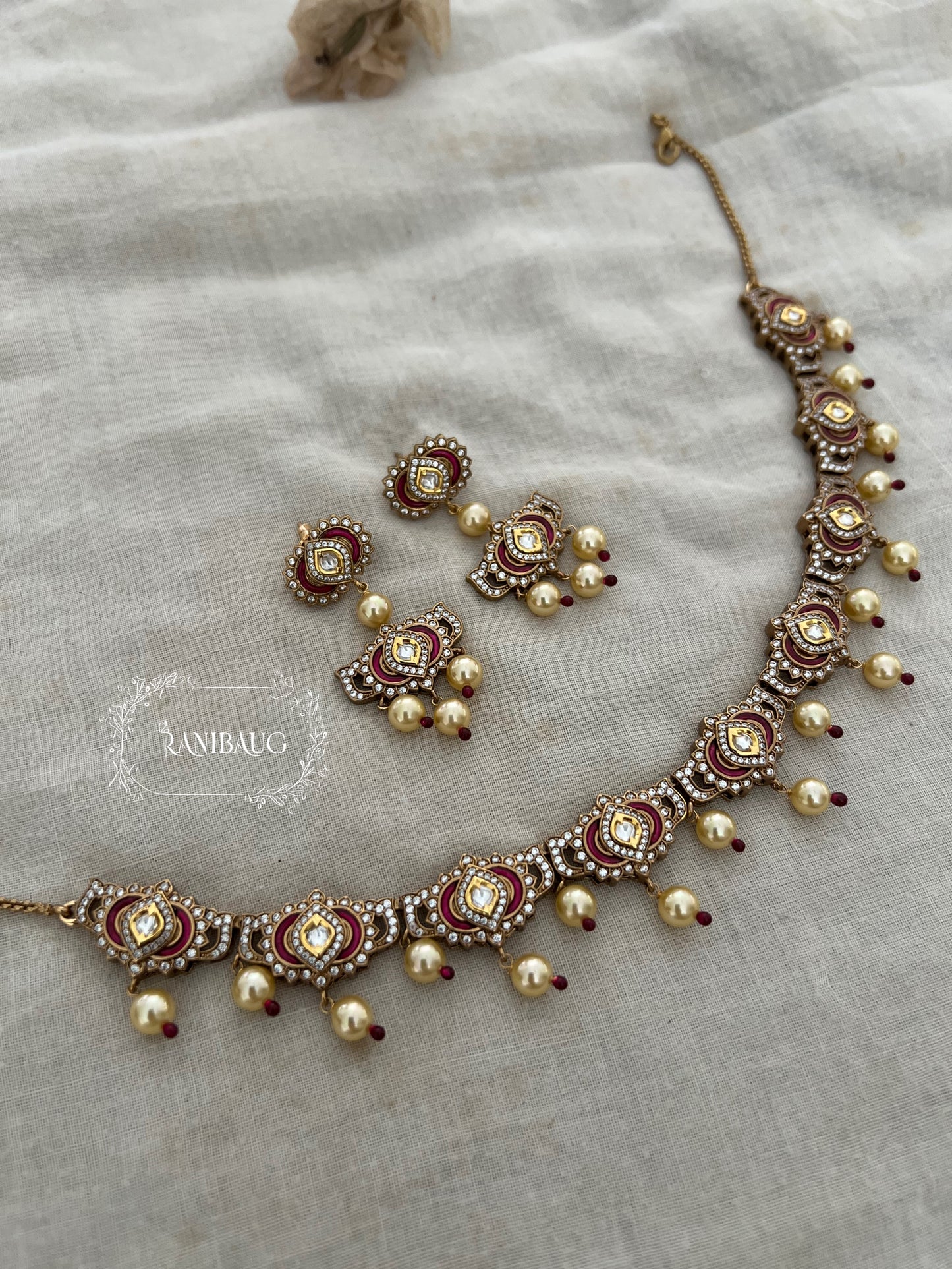 Misha Shiny Pearl Accents Featuring Minimal And Stylish Necklace Jewellery Set By Ranibaug