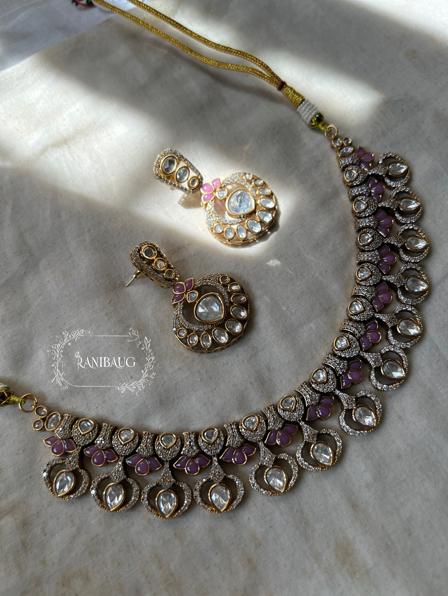 Misha Mossainite Vintage Royal Raindrop In Rich Victorian Finish Necklace Set By Ranibaug | Latest Jewellery Set Collection