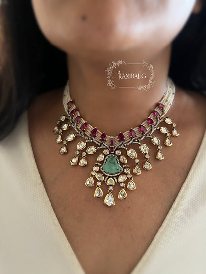 Mishika Polki Kundan Studded Victorian Finish Royal Statement Designer Festive Necklace Set By Ranibaug