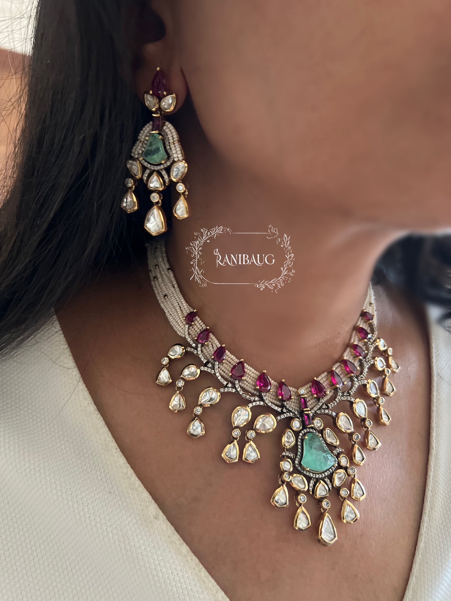 Mishika Polki Kundan Studded Victorian Finish Royal Statement Designer Festive Necklace Set By Ranibaug