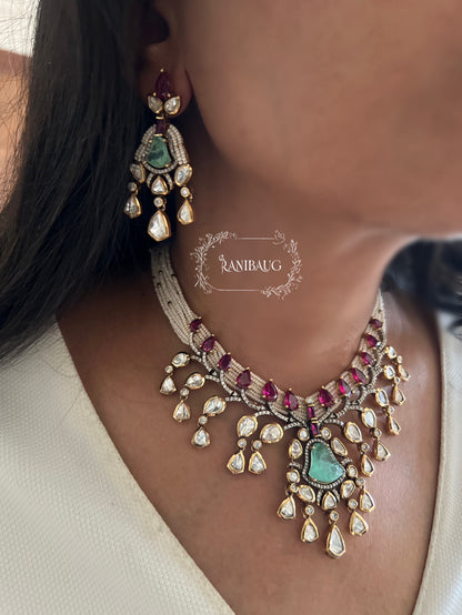 Mishika Polki Kundan Studded Victorian Finish Royal Statement Designer Festive Necklace Set By Ranibaug