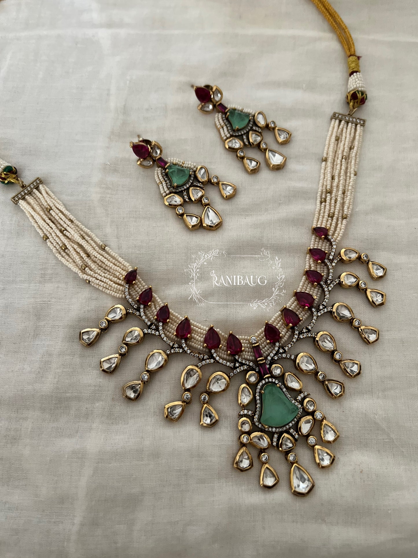 Mishika Polki Kundan Studded Victorian Finish Royal Statement Designer Festive Necklace Set By Ranibaug
