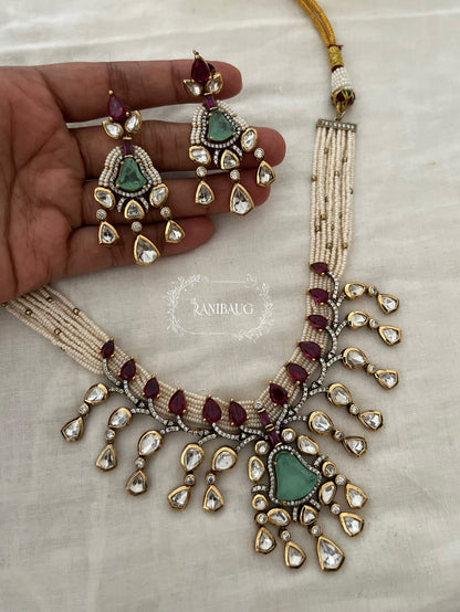 Mishika Polki Kundan Studded Victorian Finish Royal Statement Designer Festive Necklace Set By Ranibaug