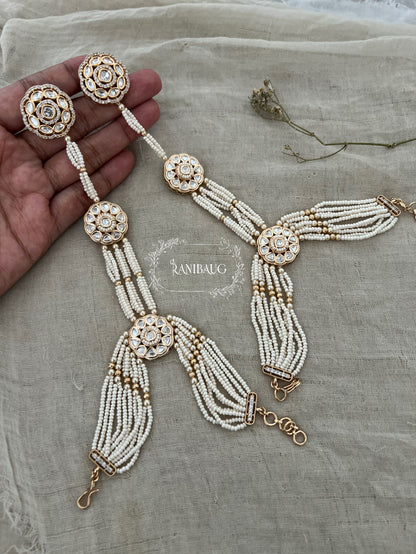Mishita Pearl White And Gold Hathphool Bracelet | Ranibaug