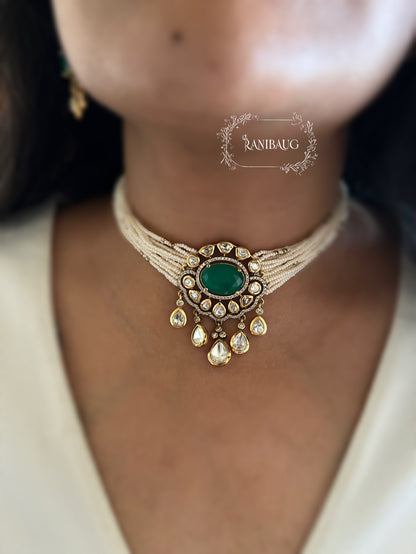 Mishita Vintage Style Mossainite Polki Victorian Finish Pearl Strand Choker Necklace Set By Ranibaug