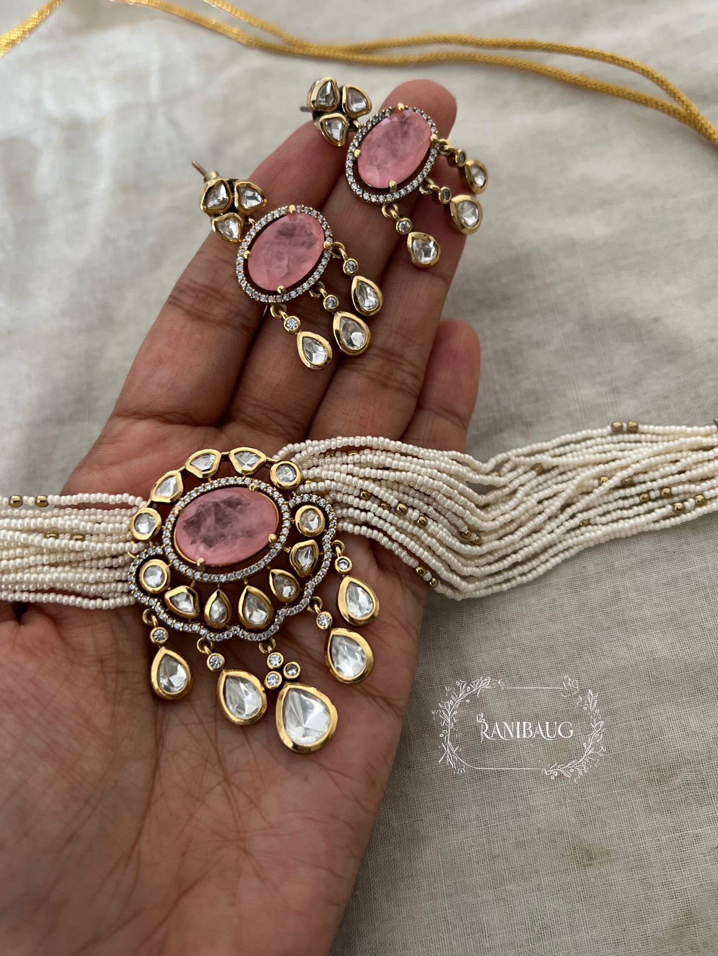 Mishita Vintage Style Mossainite Polki Victorian Finish Pearl Strand Choker Necklace Set By Ranibaug